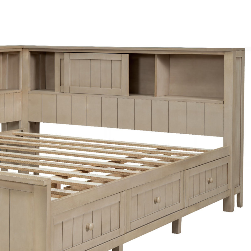 Lit de jour en bois avec tablettes de rangement et 3 tiroirs, Double