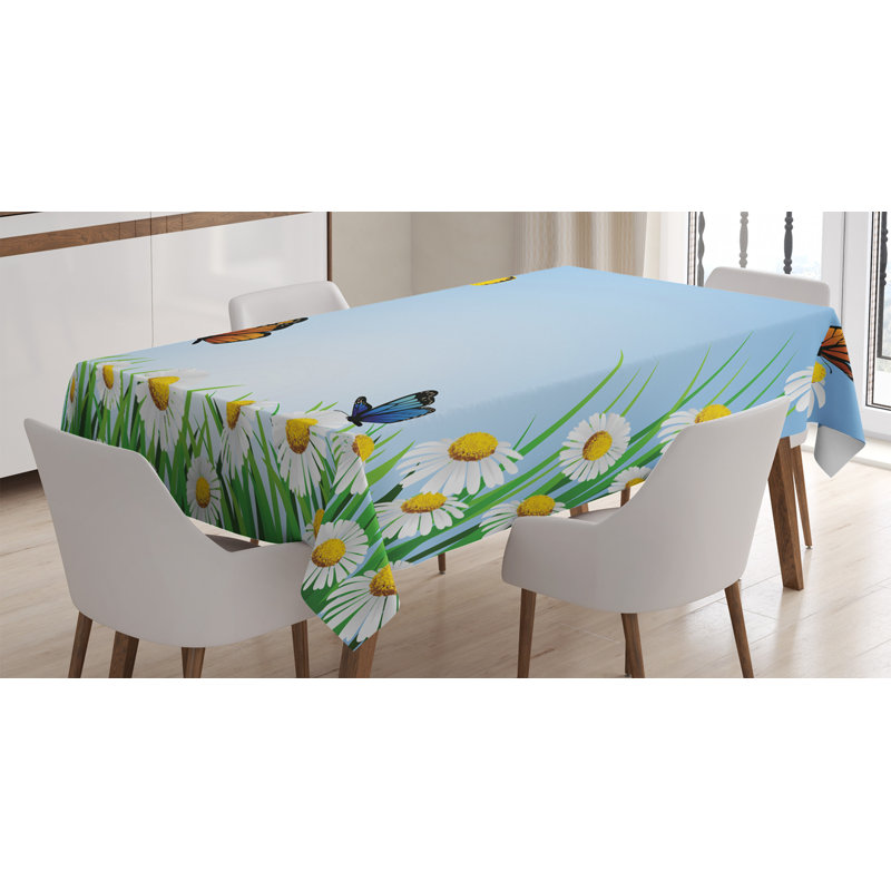 Butterfly Tablecloth, Daisies With Butterflies On Scenic Sky Chamomiles Animal Nature Happiness Art, Rectangular Table Cover For Dining Room Kitchen Decor, 52" X 70", Multicolor