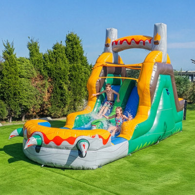 Herokiddo T-Rex Adventure 12’ Tall Dual Lane Backload Inflatable Water Slide With Attached Pool, Dinosaur Theme, For Kids And Adults, Commercial Grade PVC Vinyl, Outdoor Backyard Fun, Blow Up Water Park (Blower Included)
