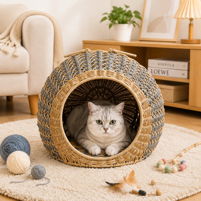 Maison de chat semi-fermée tissée à la main avec coussin, style igloo douillet pour chat et petits chiens