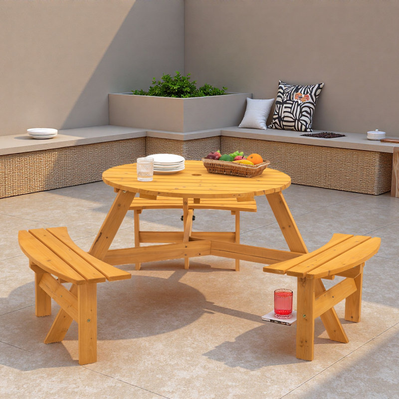 Table de pique-nique d'extérieur pour 6 personnes avec 4 bancs incurvés, plateau de table rond et trou pour parasol, Naturel
