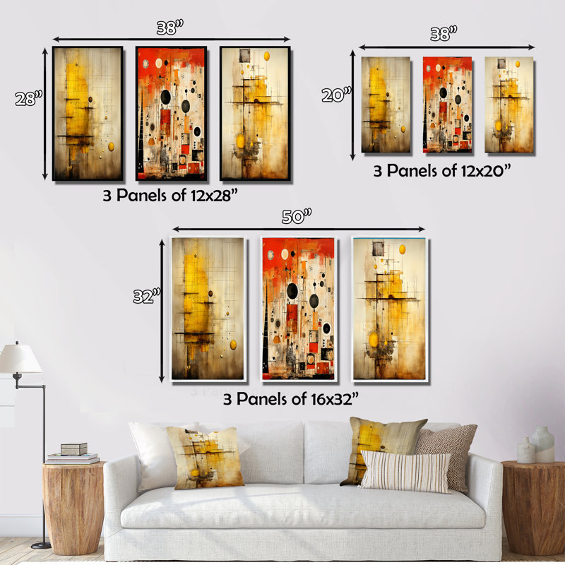 Enchanted Destruction Vintage Illustration - Modern Geometric Art Set Of 3 Pieces, Cadre flottant doré, H 28 po x l 36 po