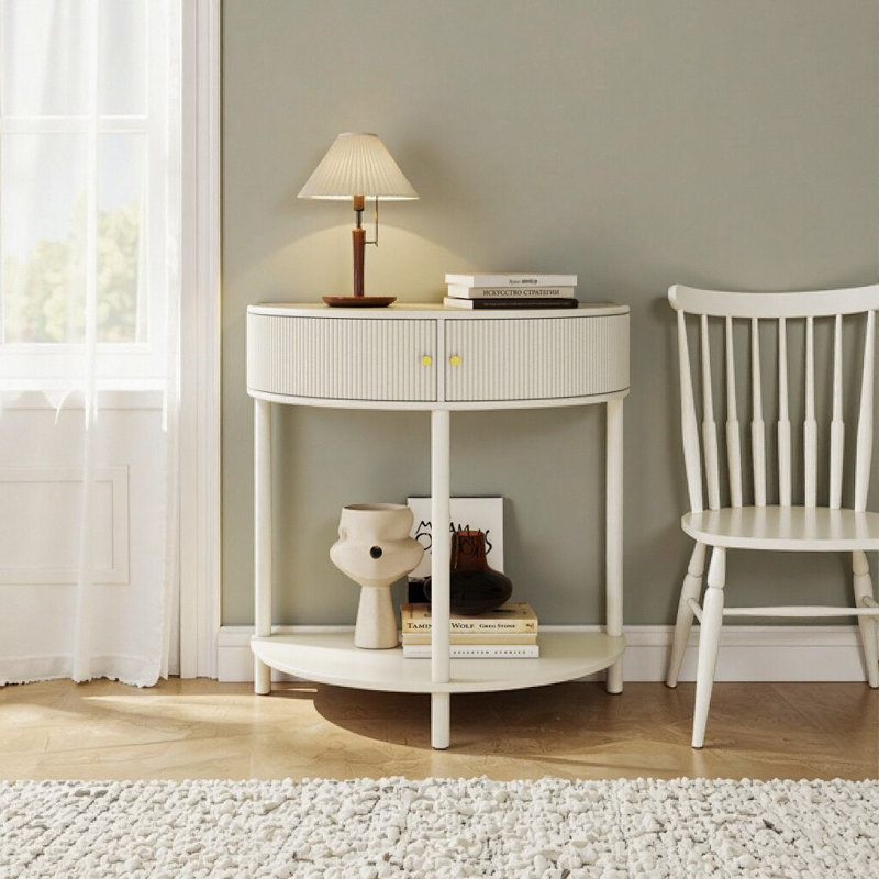 Handcrafted Wave-Pattern Demi-Lune Console Table with Creamy White Finish and Storage for Entryway & Living Room, Cream White