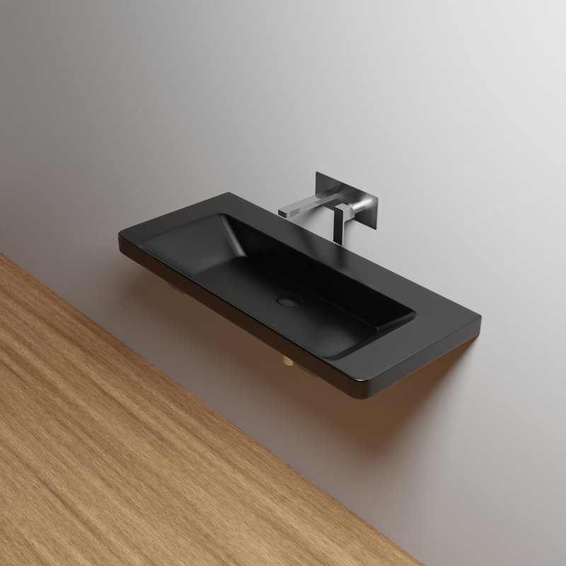 WS Bath Collections Luxury 18.1'' White Ceramic Rectangular Bathroom Sink with Overflow, No Faucet Hole, Matte Black