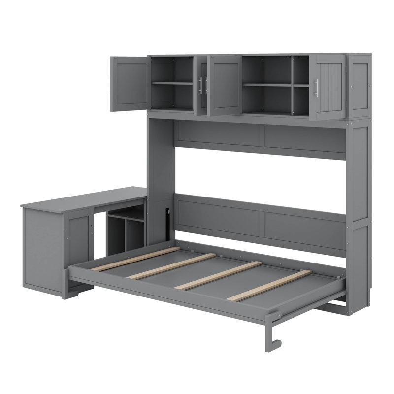Lit escamotable mural avec bureau, tablettes et armoires de rangement, gris