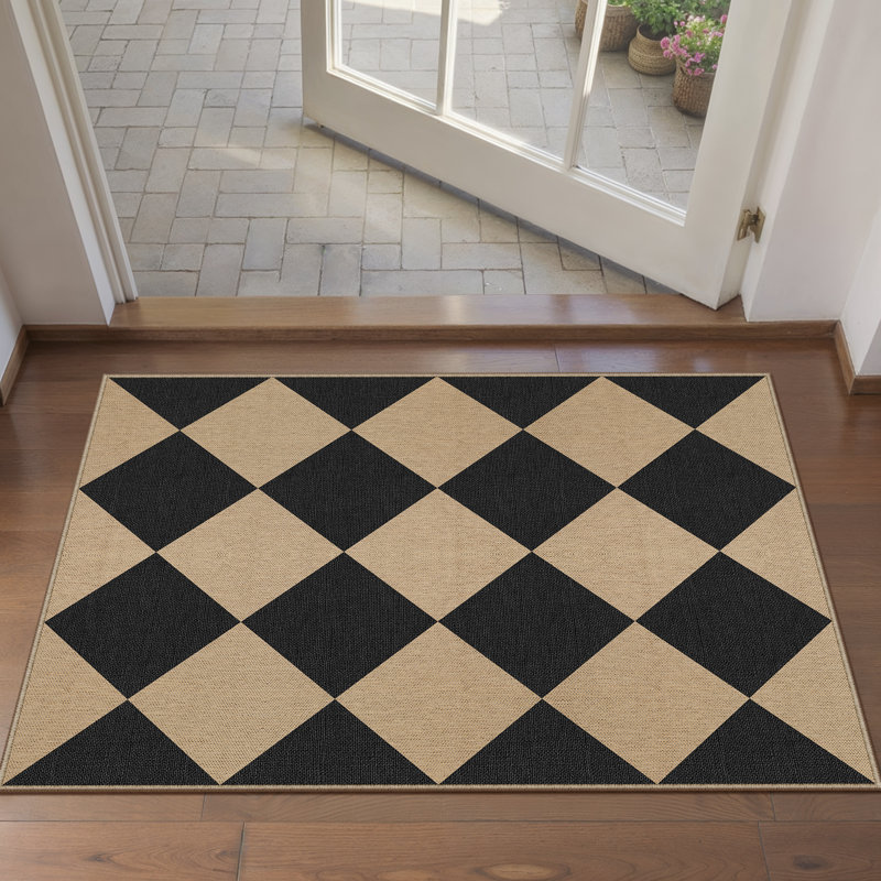 Tapis intérieur / extérieur en lin à motif de losanges lavables avec envers antidérapant Amelia, noir / brun