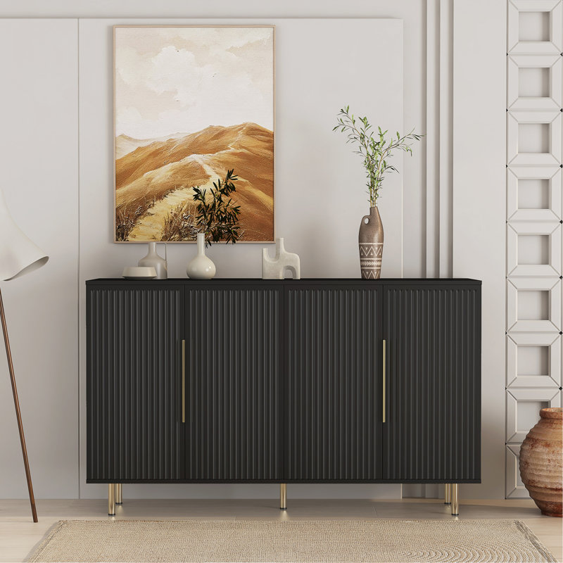 Buffet noir moderne avec rangement, grand buffet cannelé avec tablettes réglables, crédence, console d'appoint