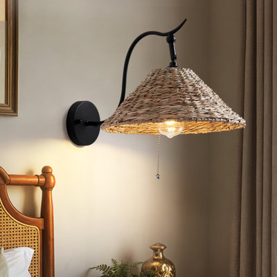 1 - Light Boho Handwoven Wall Sconce With Pull Chain
