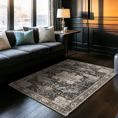 Washable 4x6 Area Rugs - Soft Area Rug for Living Room Stain Resistant Carpet Vintage Indoor Thin Rugs for Bedroom Kitchen entryway with Non Slip Backing Home Decor Small Mat 4X6 Black