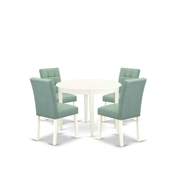 5-Piece Linen White Solid Wood Top - Round Dining Room Set - Seats-4, Green