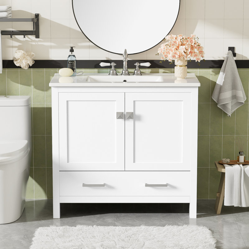 Meuble-lavabo 36 po avec lavabo en céramique et beaucoup de rangement, Blanc