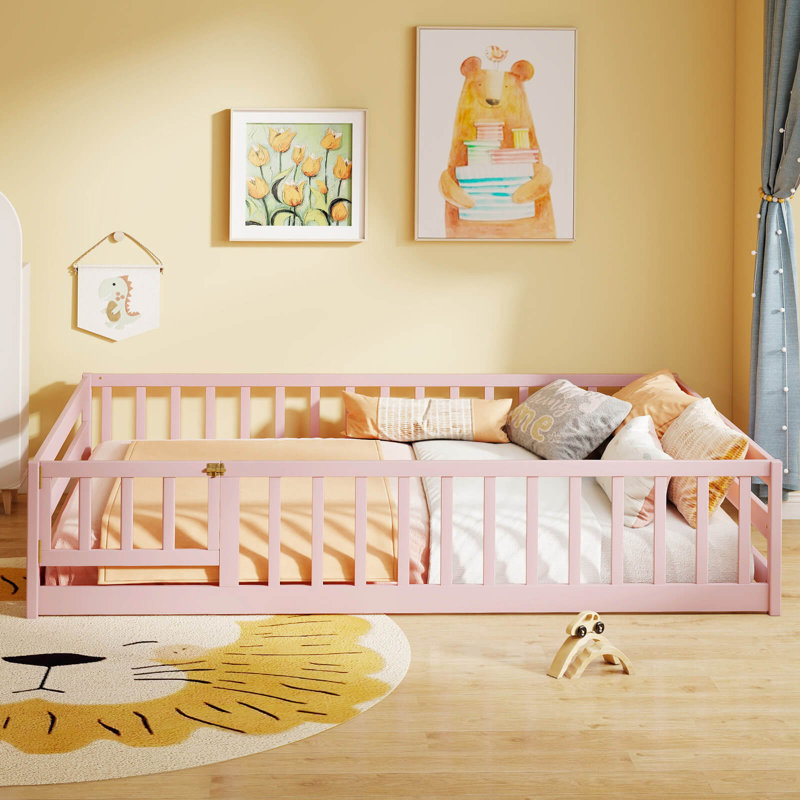 Full Size Floor Bed with Full Length Safety Guardrails & Door for Boys, Girls Pink, Pink