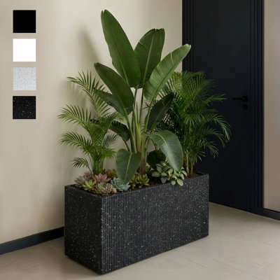 DEPLA LANE Trevano Fiberstone Rectangular Planter (26" L x 9.8" W x 15.7" H) Ribbed Finish, Removable Inner Pots, Lightweight, Durable, UV Resistant, Modern Indoor Outdoor Plant Pot (M, Ribbed White)