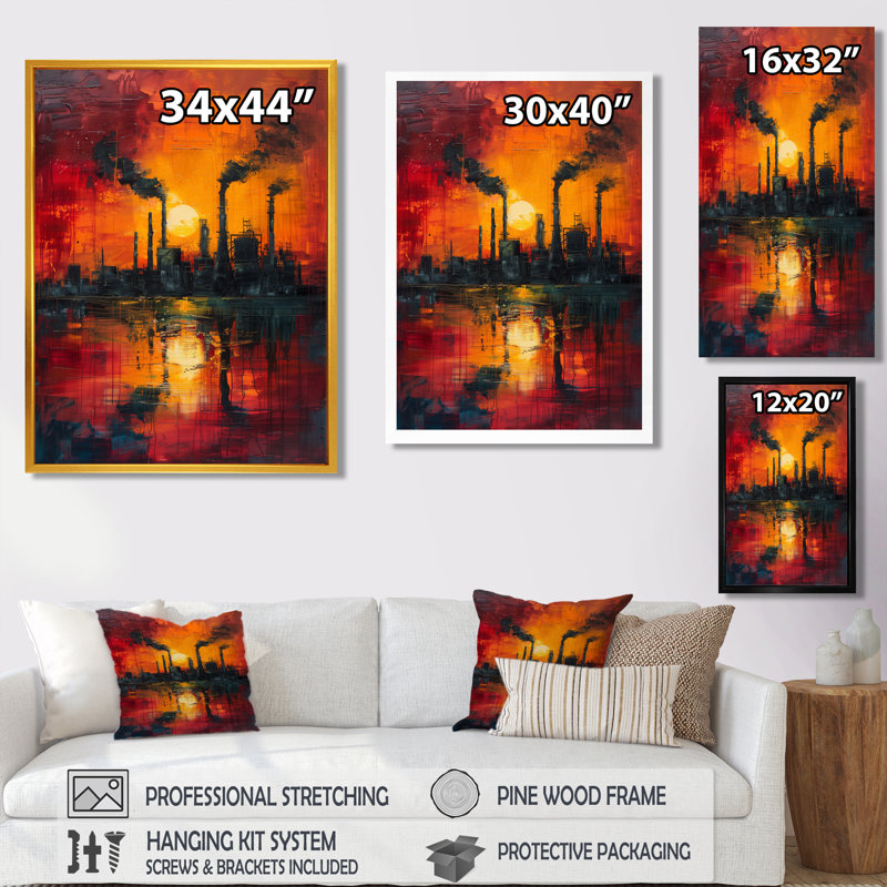 Art industriel rouge «Polution I» - usines, H 32 po x l 24 po x P 1 po, Toile avec cadre flottant noir