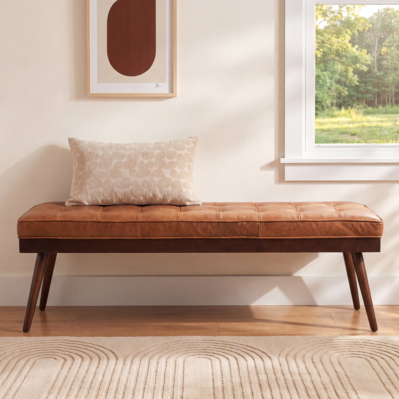 Luca 55" Genuine Leather Entryway Bench, Cognac Tan
