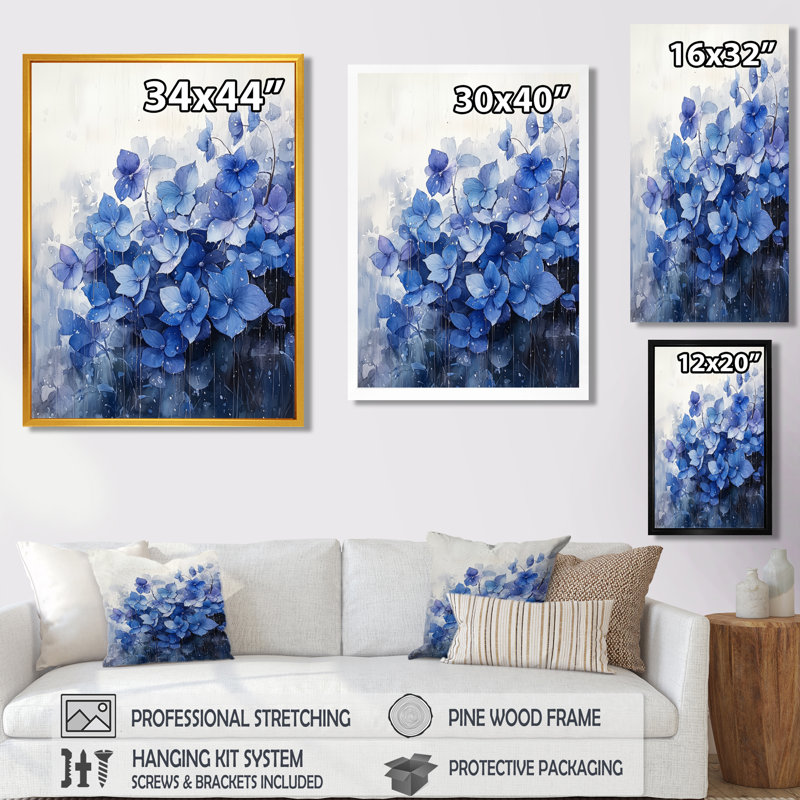 Hortensias dans un champ de pluie II - art mural floral salon, H 20 po x l 12 po, Reproduction encadrée sans passe-partout