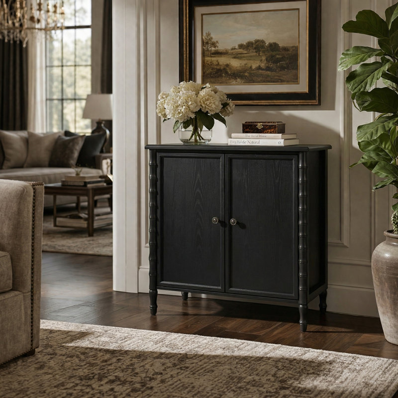 Lucious Transitional 32''W 2-Door Transitional Storage Curved Cabinet with Classic Spindle Legs and Cable Management, Black