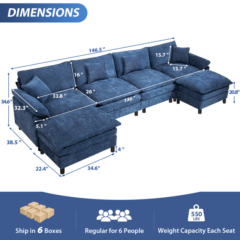 Upholstered U-Shape Sectional With Two Ottomans, Blue Chenille, 34.6" H x 146.5" W x 57.8" D