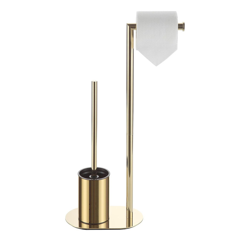 Free Standing Toilet Brush And Paper Holder Set,Stainless Steel,Polished Finish,Gold