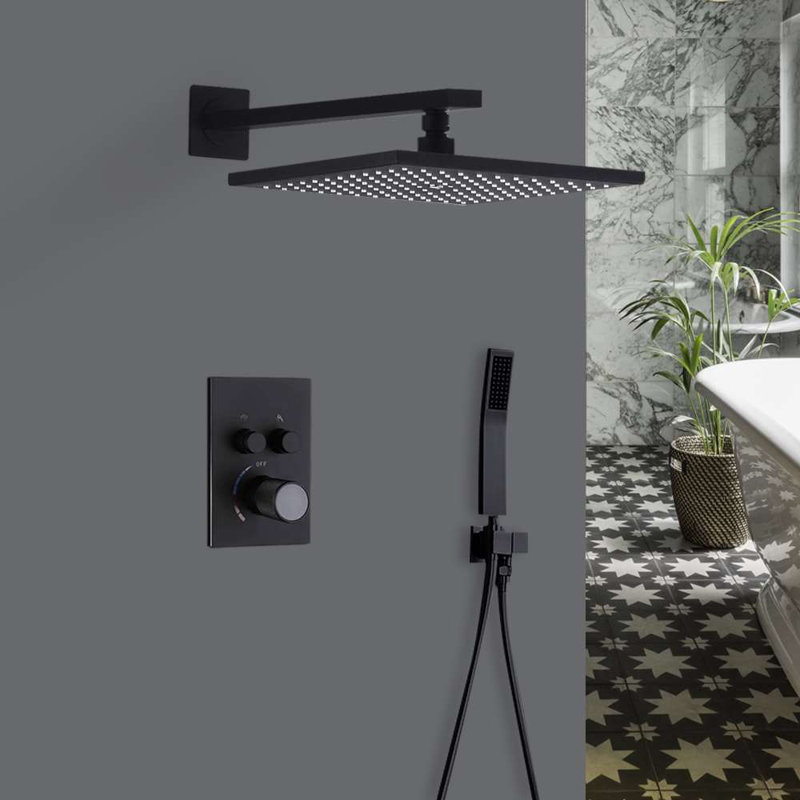 BathSelect Pescia Matte Black 10 Wall Mount Square Shower System with Thermostatic Mixer and Handheld Shower