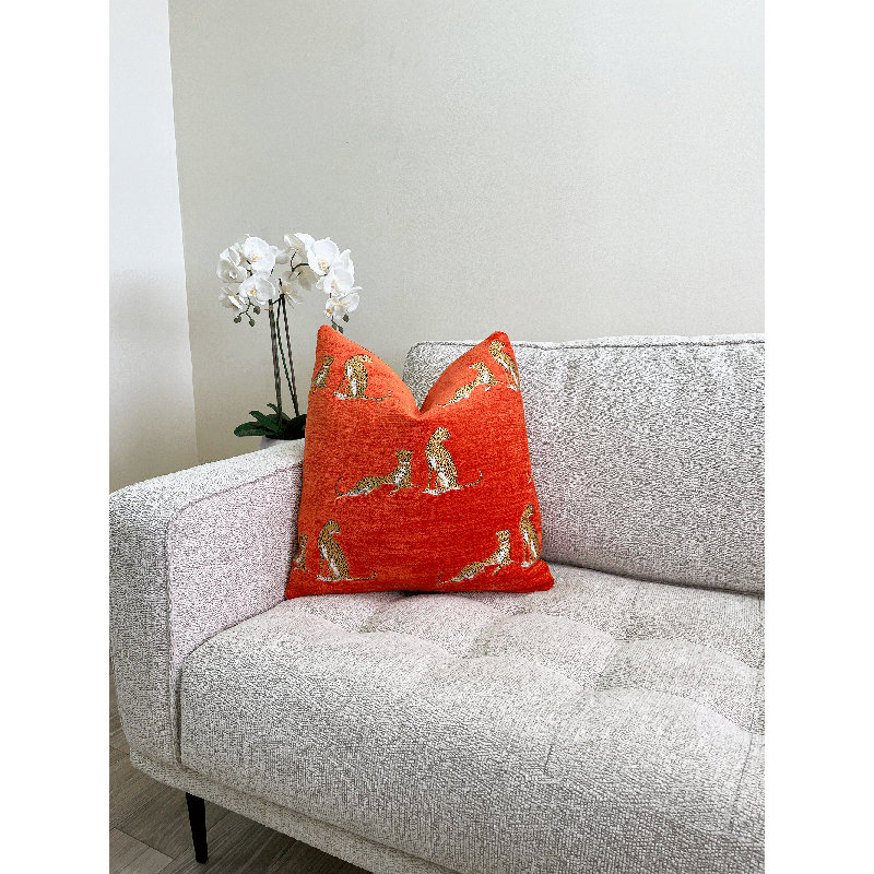  Housse de coussin brodée en chenille guépard brodé, H 20 po x l 20 po, Orange