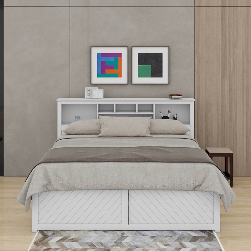 Très grand lit avec tête de lit à rangement multiple, port USB et tiroirs, Blanc