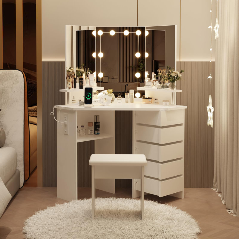 Makeup Vanity Desk with Lights and Power Outlet Corner Vanity Table with 5 Rotating Drawers 3 Color Lighting Brightness Adjustable Shelves and Stool Dressing Table for Women Girls