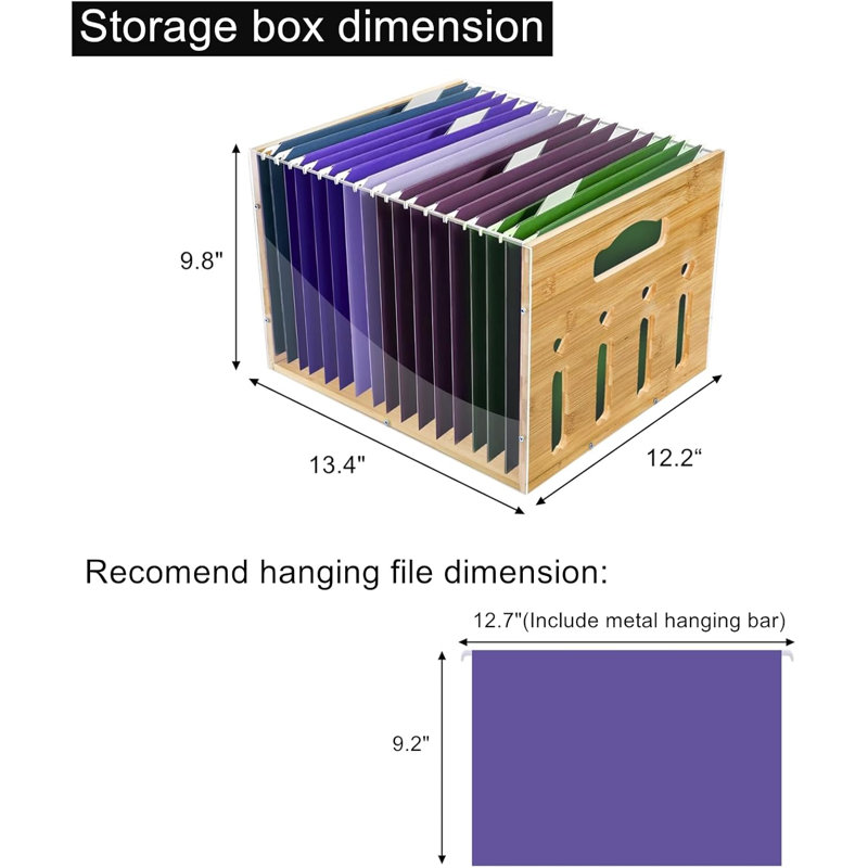 Clear Hanging File Organizer, Bamboo File Box Organizer With Handle, Letter Size Filing Crate Bin Holder For Home Office Desk, Easy To Assemble