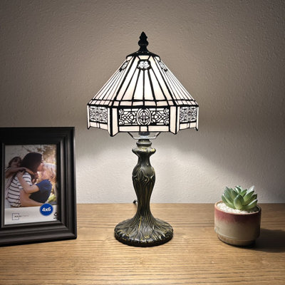 Hartle Tiffany Mini Table Lamp White Hexagon Stained Glass LED Bulb Included 8"W*8"D*15"H