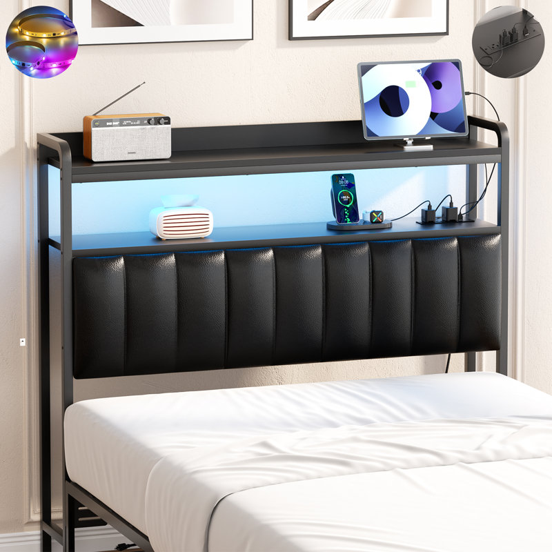 Tête de lit tapissier avec lumières DEL et station de charge, Lit simple