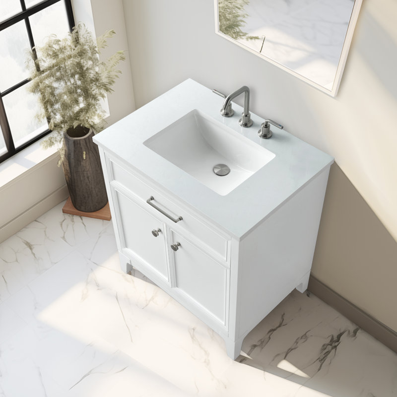 Meuble-lavabo simple 30 po blanc Tiosha avec plateau en pierre reconstituée