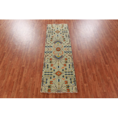 Light Green Oushak Indian Runner Rug 3x8