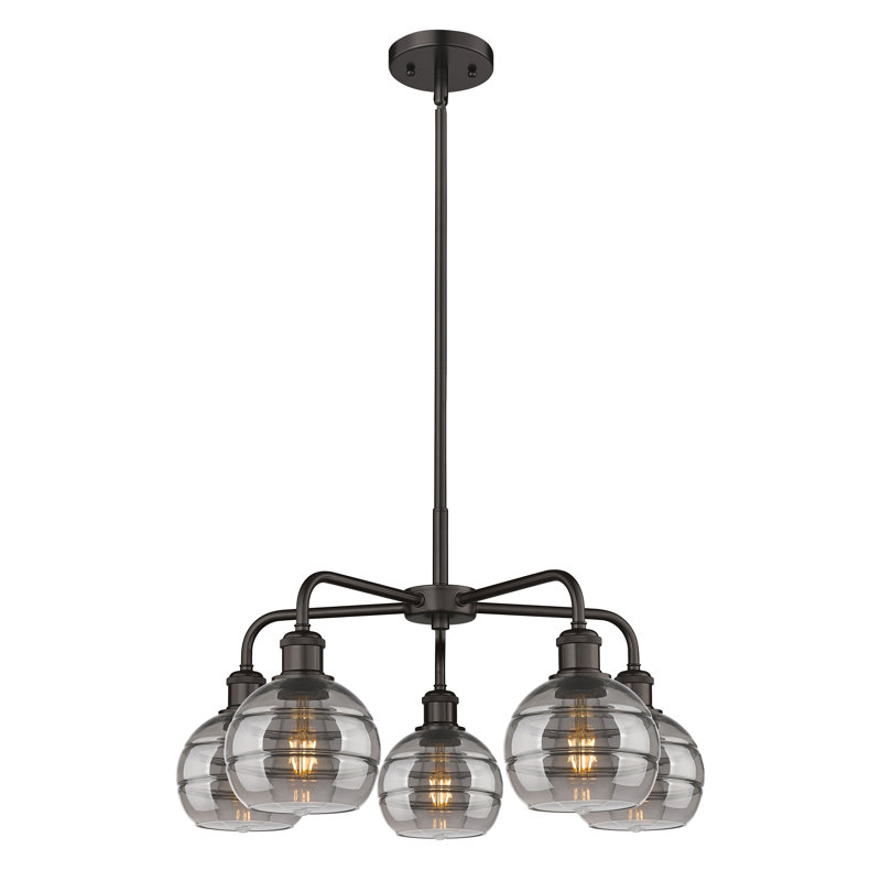 Lustre rond / ovale à abat-jour 5 lumières, H 13,38 po x l 23,88 po x P 23,88 po, Gris fumée clair, Bronze huilé