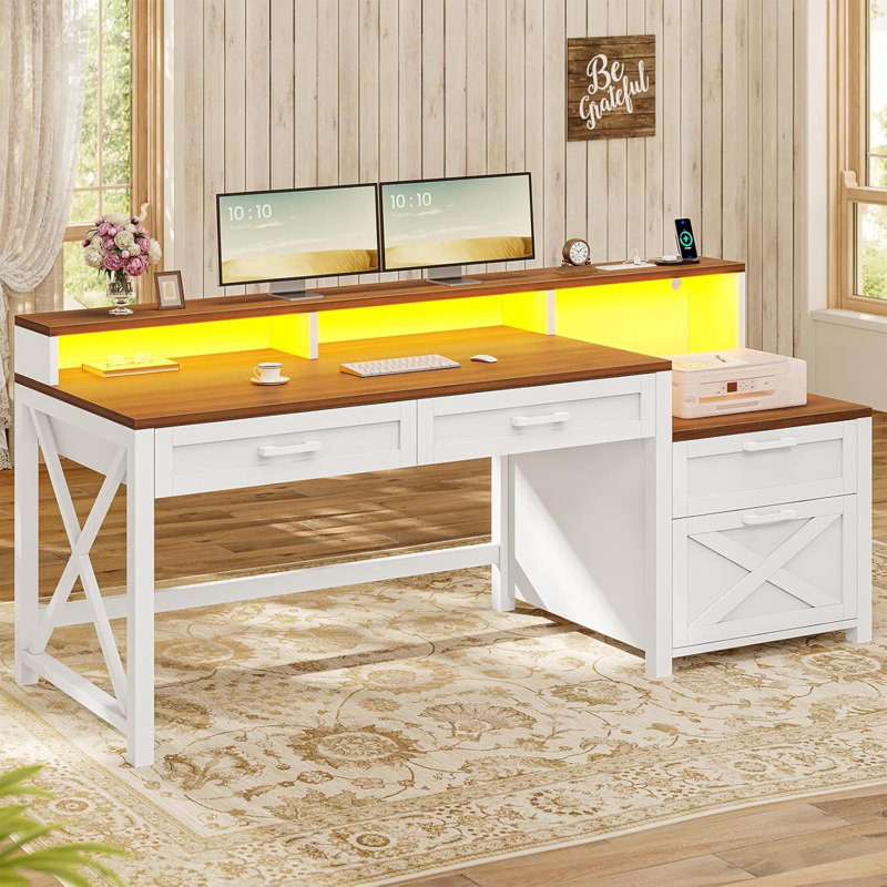55" Office Desk With 4 Drawers, Computer Desk With File Drawer & Power Outlet, Home Office Desk With Storage Shelves & Printer Cabinet