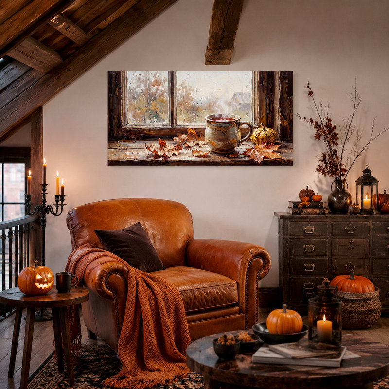 Tasse fumante et feuilles d'automne sur une toile murale pluvieuse d'Halloween, L 32 po x H 16 po