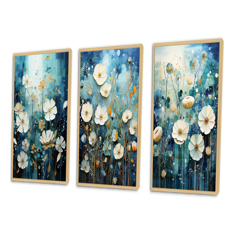 «Blue Tranquil Gardens», 3 pièces sur toile, Encadré naturel, H 32 po x l 48 po