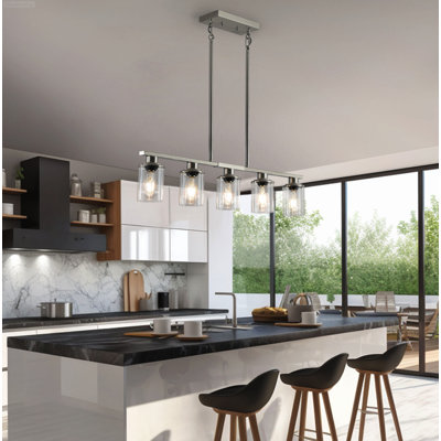 Contemporary 5-Light Dining Room Chandelier Linear Kitchen Light Fixtures with Clear Glass Shades Brushed Nickel