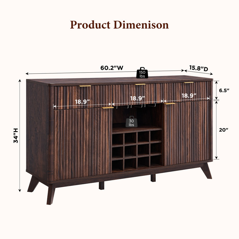 Buffet 60 po avec 2 armoires latérales et 3 tiroirs, Dark Walnut