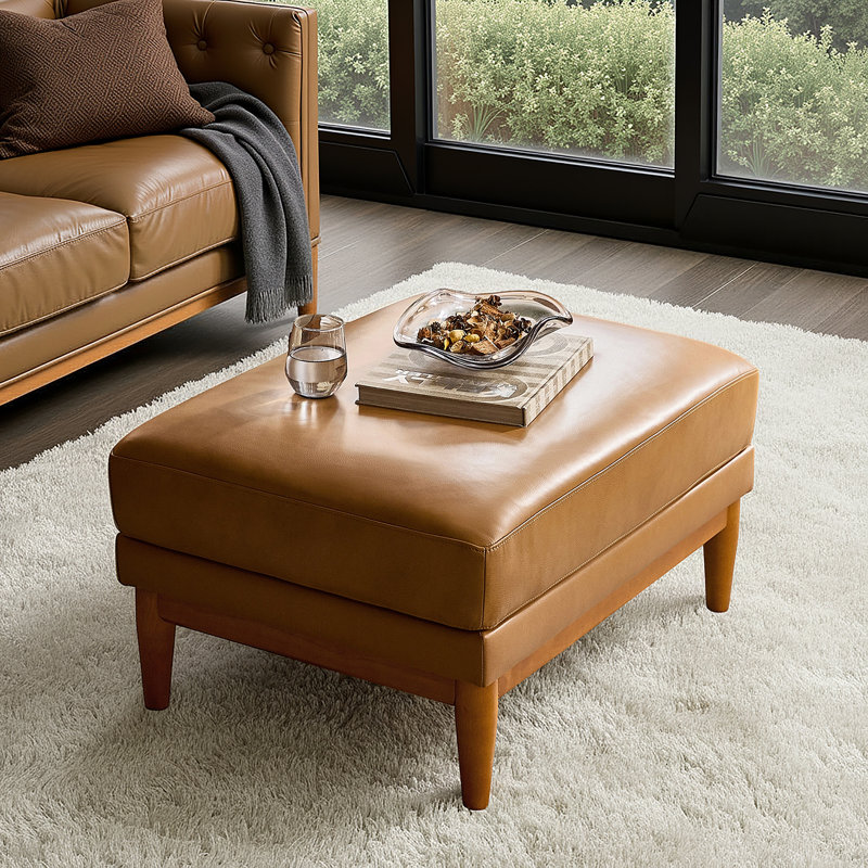 Erauso 33.5"W Mid-Century Modern Genuine Leather Ottoman with Solid Wood Legs, Camel