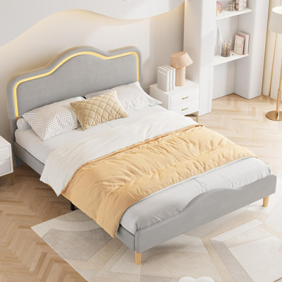 Grand cadre de lit tapissier à DEL avec tête de lit et pied de lit réglables en velours pour lit princesse pour enfants et filles