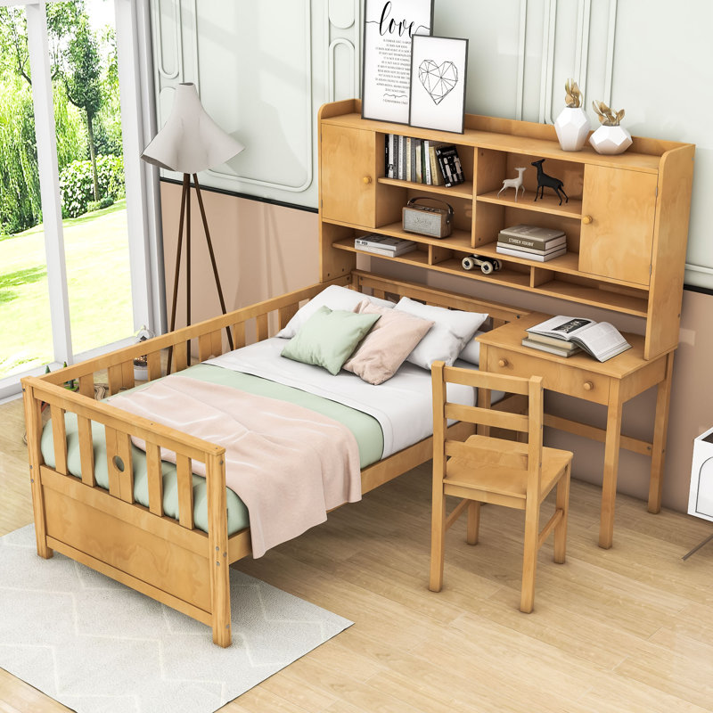 Twin Wood Platform Bed with Bookshelf, Chair, Desk and Drawer, Natural