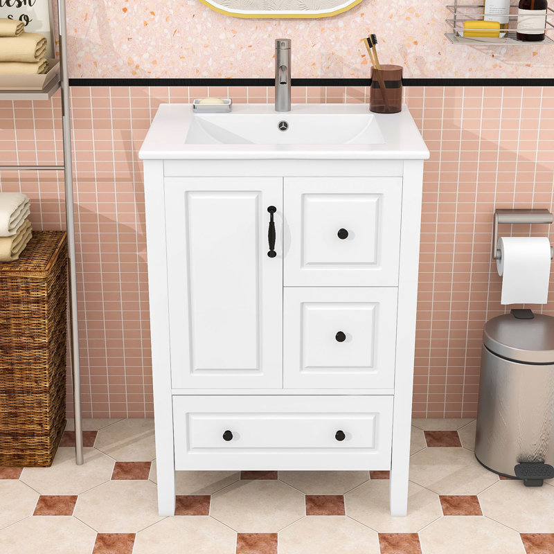 Meuble-lavabo simple contemporain en bois avec lavabo en céramique, porte à fermeture en douceur et tiroirs de rangement