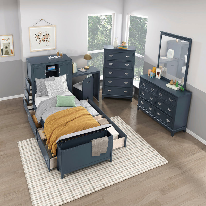 Navy Blue Finish Dresser With 6 Drawers Wooden Modern Bedroom Furniture 1pc, Navy Blue