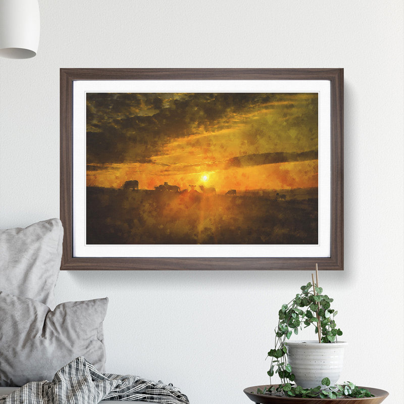 Flock Sheep and Sunset - Picture Frame Graphic Art, 48cm H x 65cm W x 2cm D, Walnut Framed