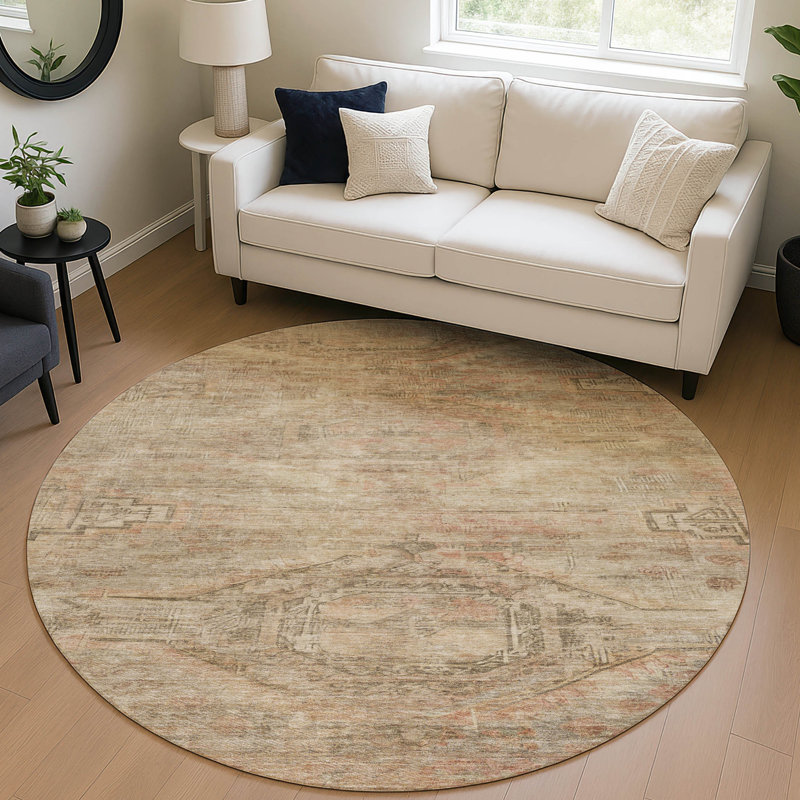 Tapis beige intérieur / extérieur lavable à la machine Claudian ACN1631, Rond 8 pi