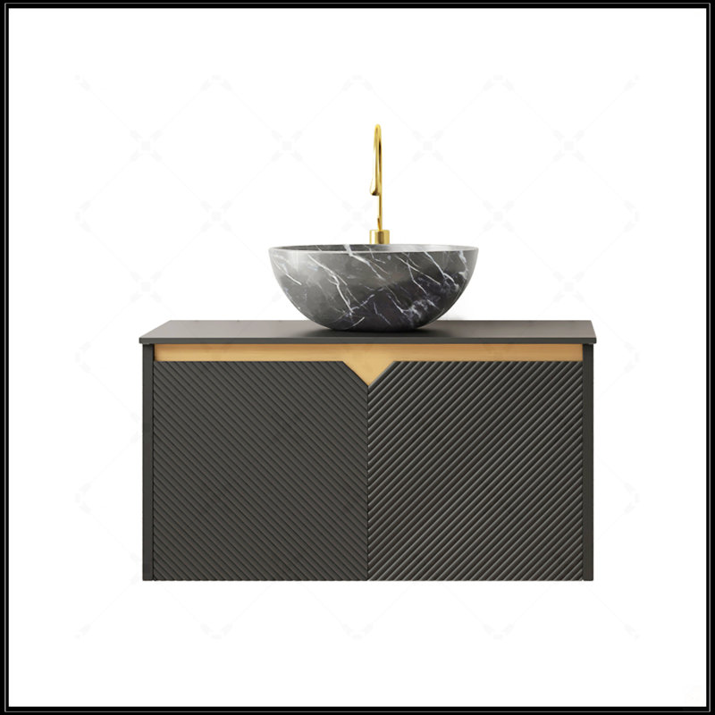 Meuble-lavabo flottant mural de 30 pouces avec rangement en contreplaqué, portes doubles en sergé et plateau en pierre frittée noire, vasque en céramique noire