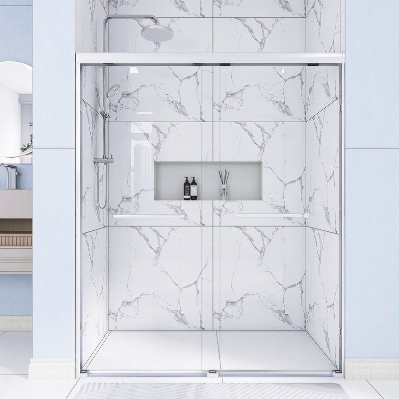 56 In. -60 In. W × 72 In. H Double Sliding Shower Door With 1/4" Tempered Glass In Brushed Nickel|  Aluminum Frame  Explosion Proof Film |   Stainless Steel Handle