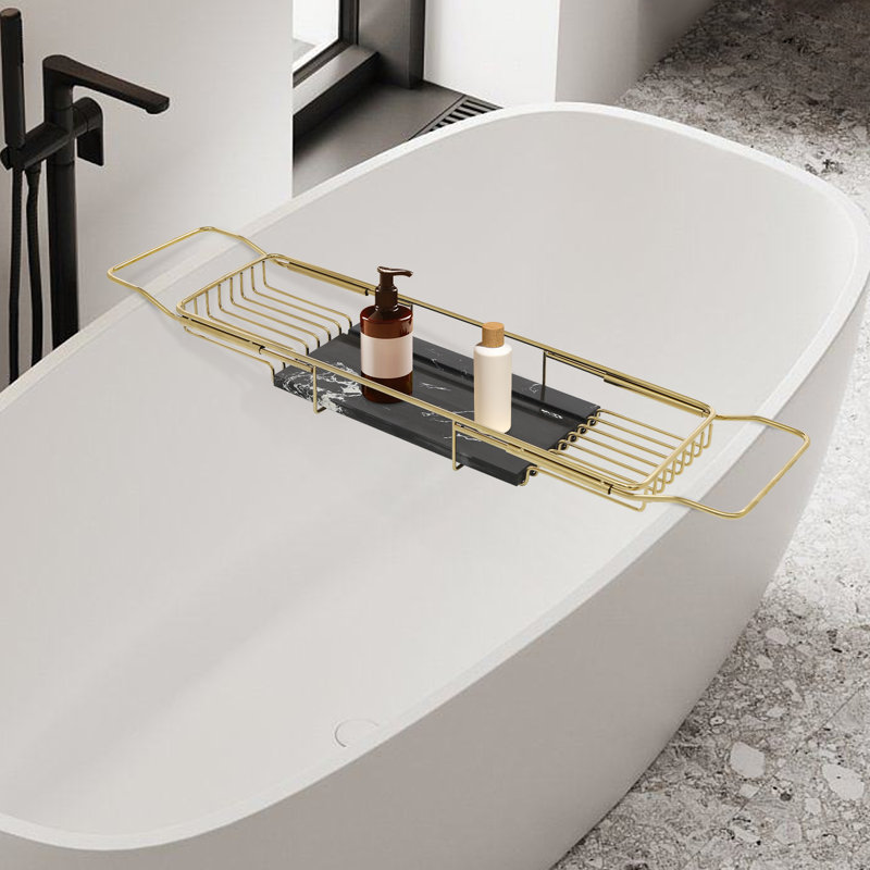 Support pour baignoire extensible robuste en métal et marbre vert, 26,77 po - 35,43 po, Or/noir