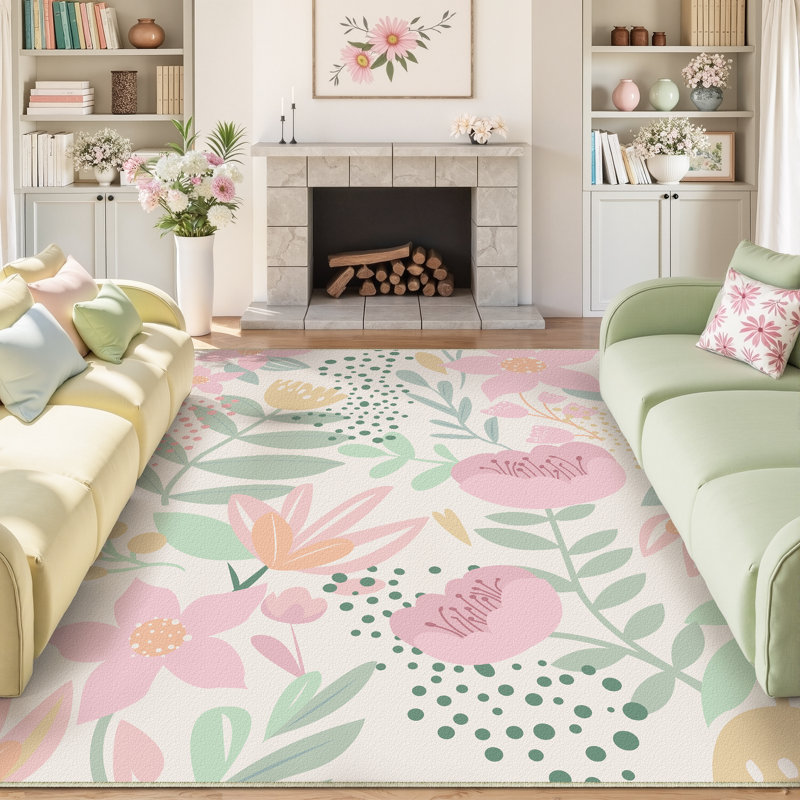  Cherry Machine Washable Floral Area Rug with Non-Slip Backing, Rectangle 8' x 10'