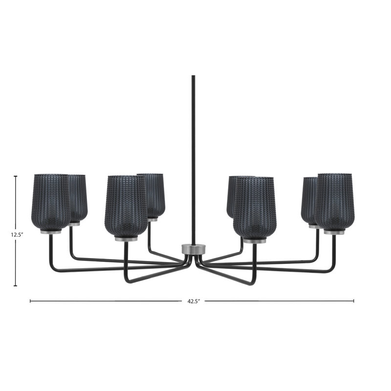 Lustre 8 lumières Amarmula, noir mat et finition graphite, verre texturé fumé 5 po, Transparent/noir, Noir / nickel